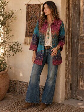 Gaudy Couture Art Coat Womens M Colorful Sequin Boho 3/4 Sleeve Jacket